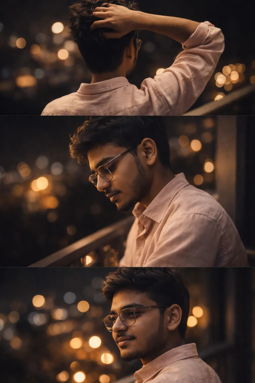 Cinematic triptych portrait of a young man on a balcony at night, showing three frames: back view touching hair, thoughtful profile close-up, and a three-quarter view with a subtle smile, set against warm golden bokeh lights.